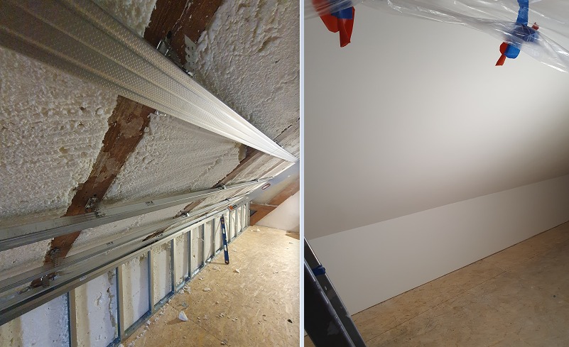 Adaptacja poddasza: widok na ocieploną pianą i konstrukcją metalową ścianę oraz fragment gotowej, pomalowanej ściany pod skosem.