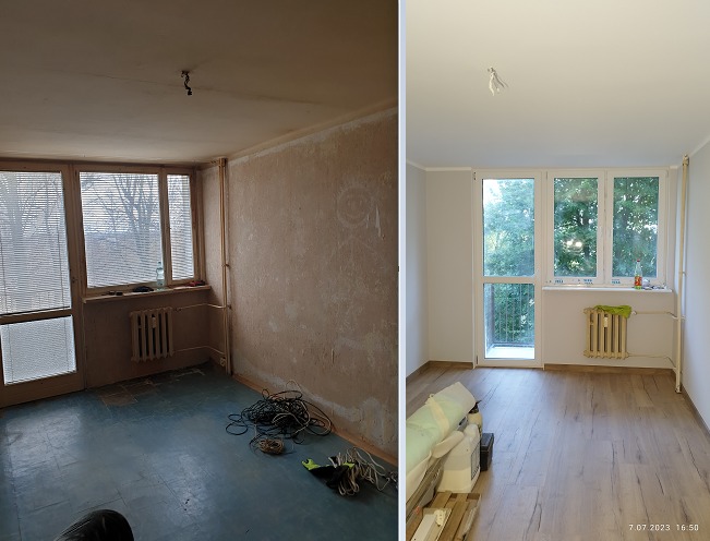 Zdjęcie porównawcze pokoju przed i po remoncie: z lewej strony surowe ściany, stara podłoga i okno z żaluzjami, z prawej - odnowione ściany, panele podłogowe i białe okno z widokiem na zieleń.