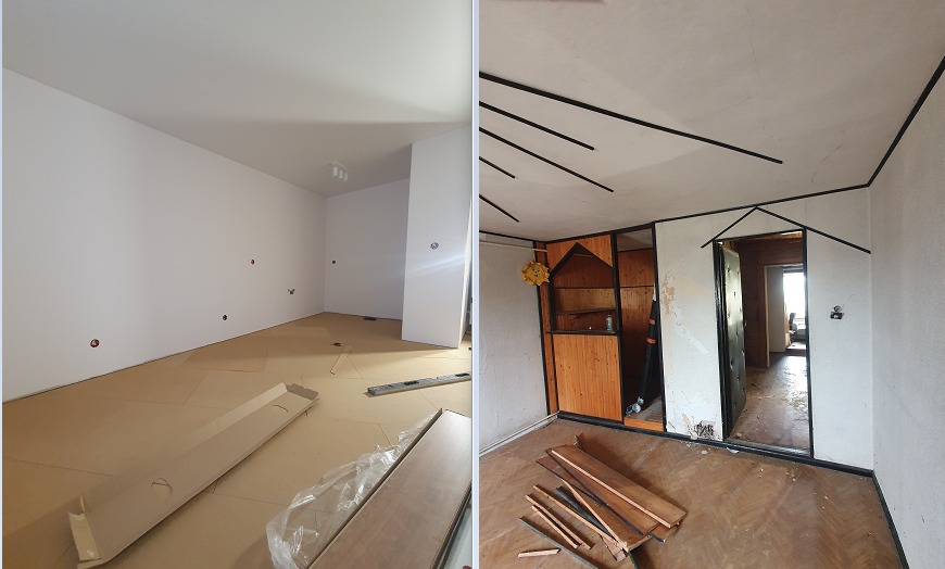 Porównanie pokoju przed i po odświeżeniu: po lewej surowy stan z zabezpieczoną podłogą i przygotowanymi panelami, po prawej - pokój z dekoracyjnymi listwami na suficie i ścianach oraz odnowioną...