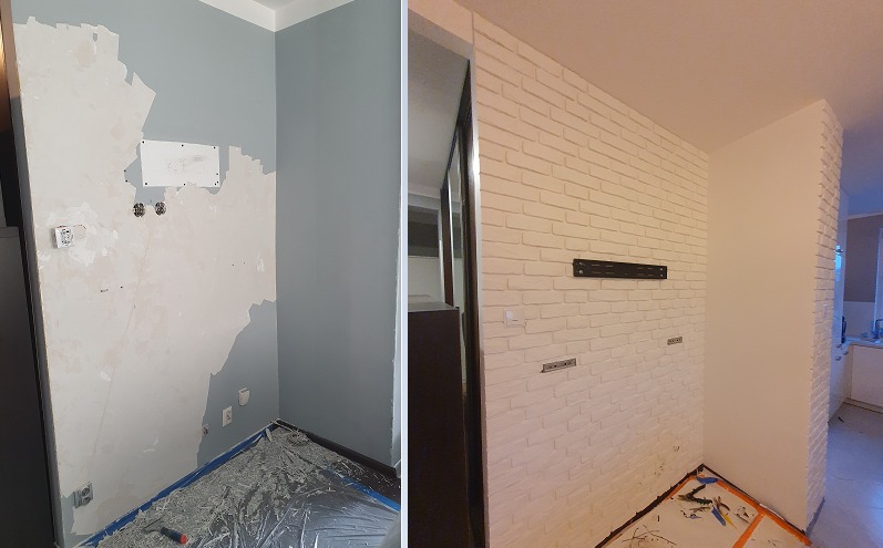 Porównanie stanu ściany przed i po: z lewej ściana z resztkami starej farby i gładzi, z prawej biała ściana z imitacją cegły i zamontowanym uchwytem do telewizora.
