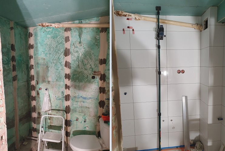 Dwa etapy remontu łazienki: po lewej przygotowanie ścian z resztkami starej farby i instalacjami, po prawej ułożone białe płytki z użyciem poziomicy laserowej.