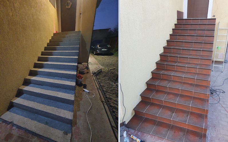 Porównanie schodów zewnętrznych przed i po ułożeniu płytek ceramicznych w odcieniach brązu, widoczne fugi i narzędzia pracy.