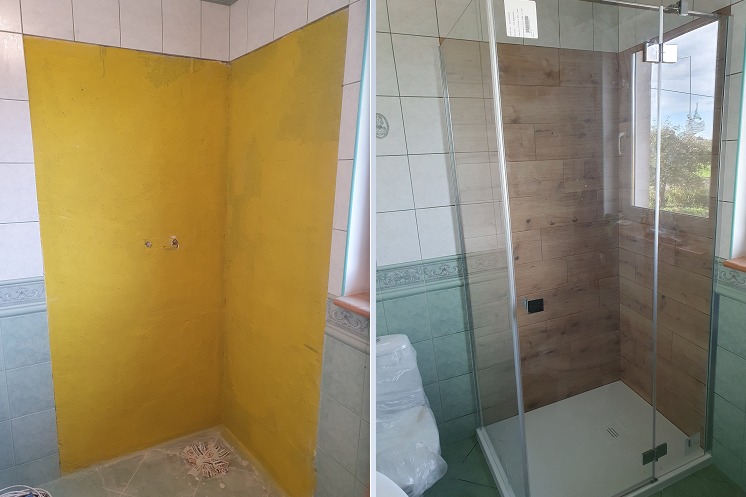 Etap przed i po montażu kabiny prysznicowej w łazience: żółta ściana przygotowana do remontu i gotowa kabina z drewnopodobnymi płytkami.