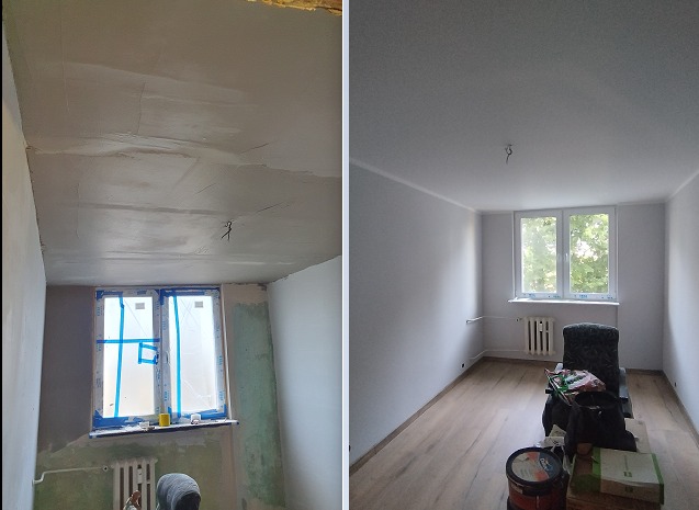 Porównanie stanu pokoju przed i po remoncie: surowy sufit z niedoskonałościami po lewej, gładki, pomalowany sufit i ściany po prawej, okno zabezpieczone folią malarską, nowa podłoga, widoczne...