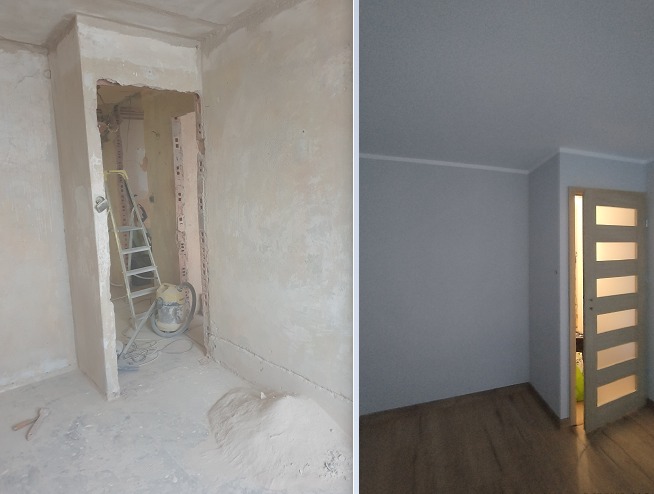 Porównanie stanu surowego i wykończonego pokoju: po lewej ściany w trakcie szpachlowania, widoczna drabina i odkurzacz przemysłowy; po prawej pomalowane ściany, parkiet i nowe drzwi z przeszkleniami.