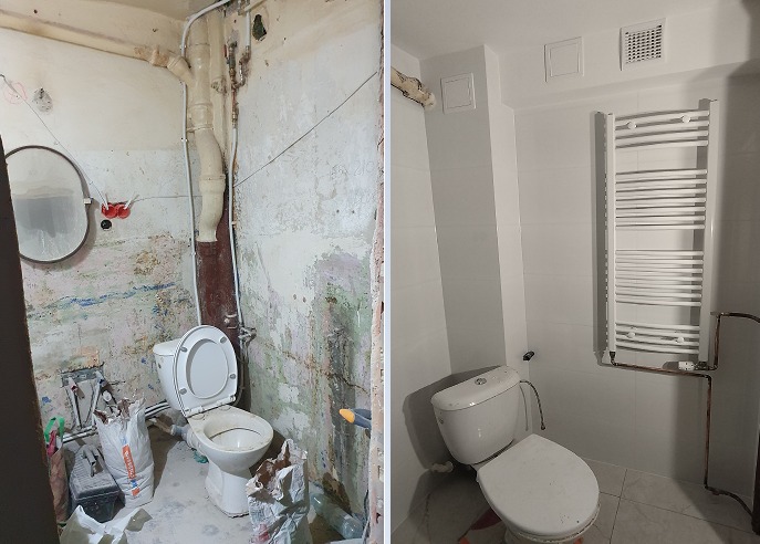 Porównanie stanu łazienki przed i po remoncie w Gorzowie Wielkopolskim: po lewej zniszczone ściany i stara toaleta, po prawej odnowiona łazienka z białymi płytkami, grzejnikiem drabinkowym i nową...