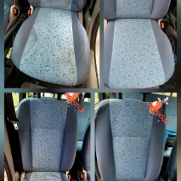 Fotografia przedstawia fotel samochodowy w układzie przed i po praniu tapicerki. Widoczne różnice w czystości i wyglądzie materiału.