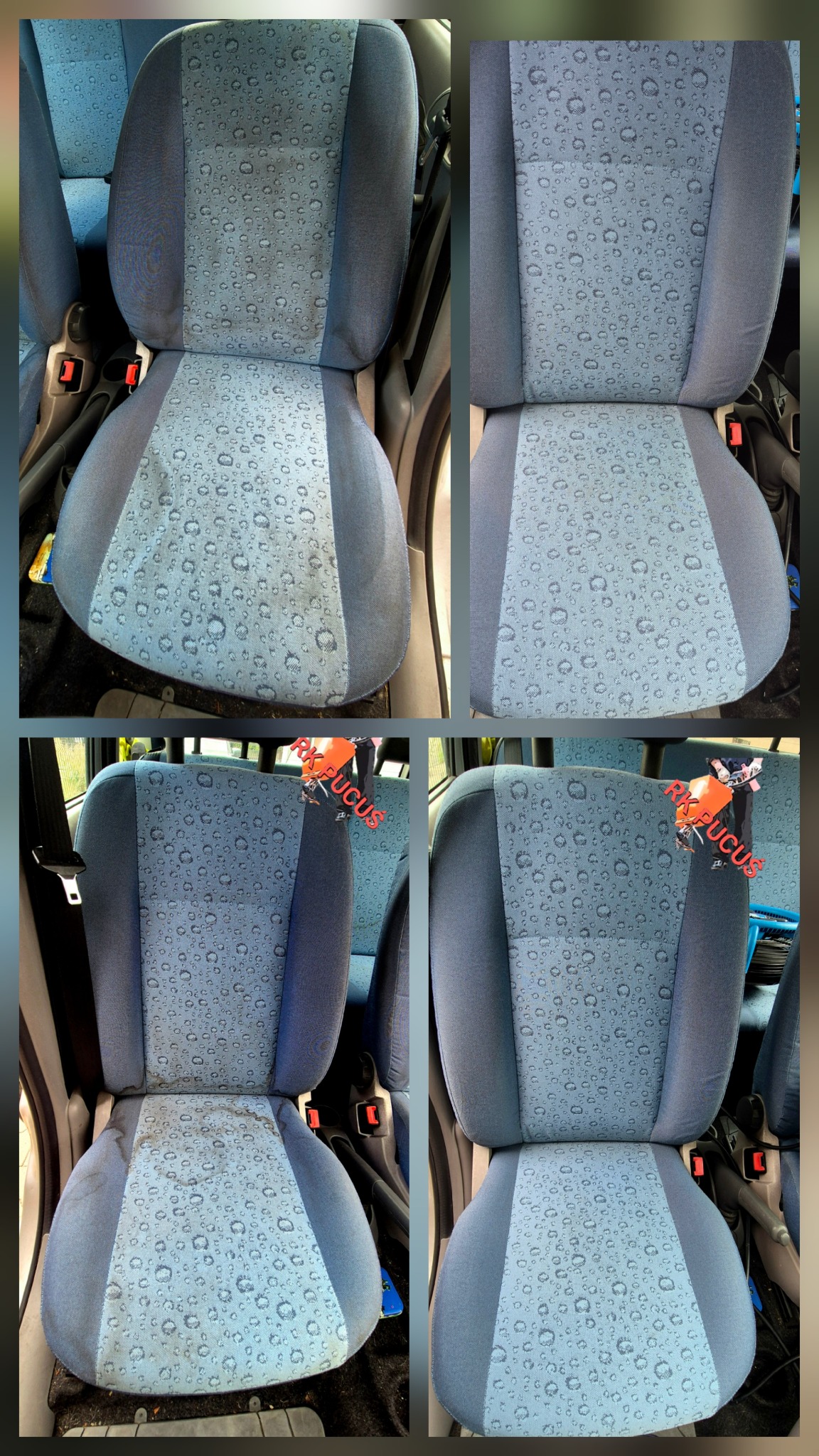 Fotografia przedstawia fotel samochodowy w układzie przed i po praniu tapicerki. Widoczne różnice w czystości i wyglądzie materiału.