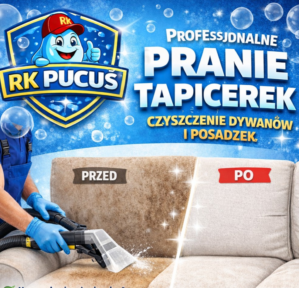 Profesjonalne pranie tapicerki: porównanie 'przed' i 'po' na sofie. Widoczny pracownik w trakcie czyszczenia z użyciem specjalistycznego sprzętu. Efekt czystości.