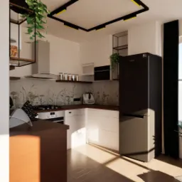 Wizualizacja nowoczesnej kuchni z białymi szafkami, drewnianym blatem, czarną lodówką i oknem z czarnymi zasłonami, uzupełniona roślinami doniczkowymi i wiszącymi pnączami.