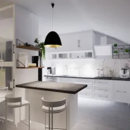 Wizualizacja nowoczesnej kuchni z wyspą i hokerami, białe szafki, marmurowy backsplash z motywem roślinnym, czarna lampa wisząca z elementami złota, widok na salon z szarą sofą i zielonymi poduszkami.