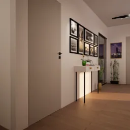 Nowoczesny przedpokój w Środzie Śląskiej: minimalistyczna konsola z podświetleniem, galeria czarno-białych zdjęć, drewniana podłoga i regał z książkami.