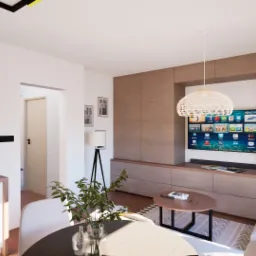 Wizualizacja salonu z aneksem kuchennym: białe szafki, drewniana zabudowa TV, okrągły stół z kwiatami, lampa z abażurem, dywan w geometryczne wzory. Nowoczesny design.