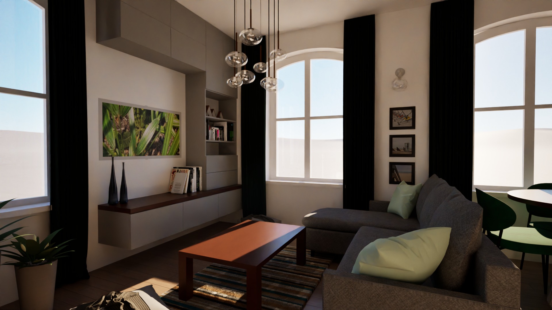 Jasne wnętrze salonu z szarą sofą narożną, brązowym stolikiem kawowym na wzorzystym dywanie i dekoracjami ściennymi w postaci obrazów oraz roślinnego motywu, oświetlone wiszącą lampą z kulistymi...