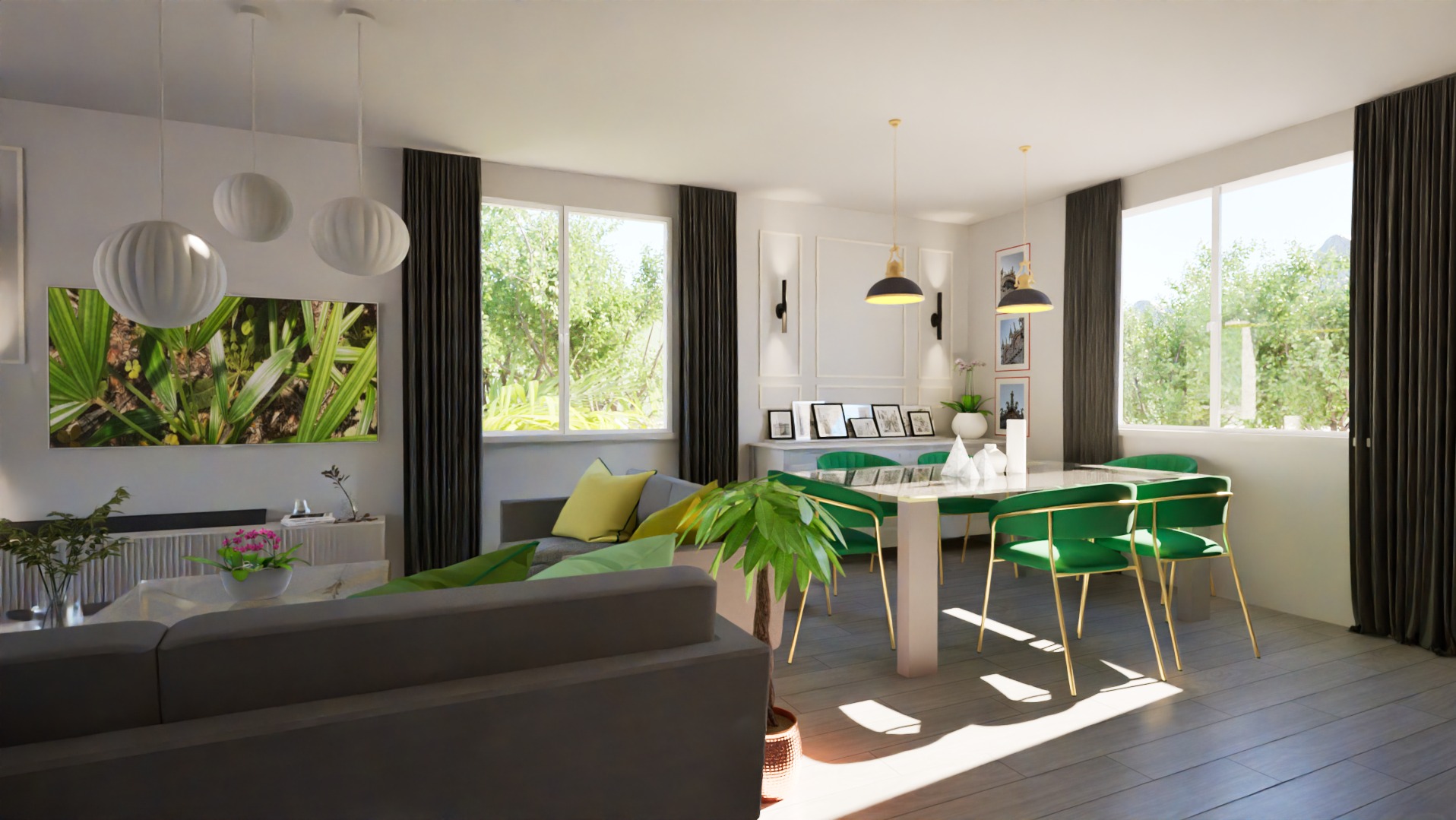 Jasne, przestronne wnętrze salonu z jadalnią, szary narożnik, zielone krzesła, drewniana podłoga i duże okna z widokiem na zieleń.