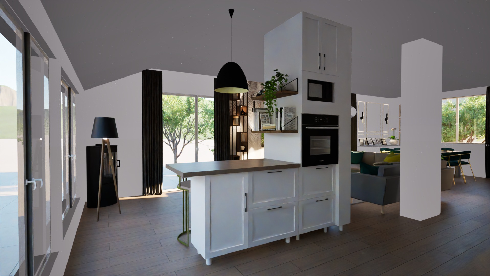 Wizualizacja nowoczesnej kuchni z wyspą, białymi meblami, drewnianym blatem i czarnymi akcentami, widok na salon z szarą sofą i zielonymi poduszkami, duże okna z widokiem na zieleń.