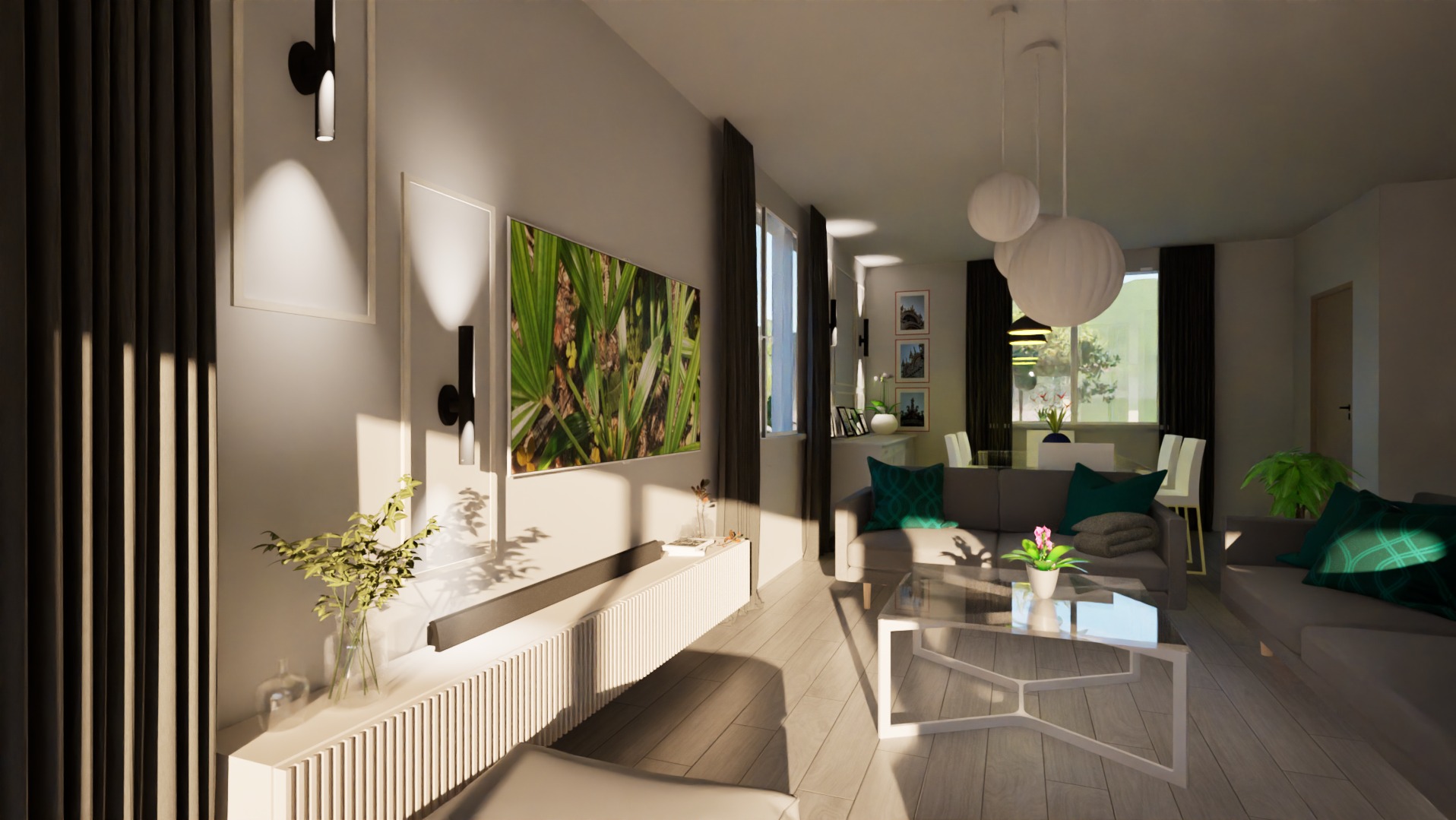 Nowoczesny salon z drewnianą podłogą, szarą sofą z zielonymi poduszkami, szklanym stolikiem kawowym z kwiatami, telewizorem z motywem roślinnym na ścianie oraz dekoracyjnymi lampami ściennymi.