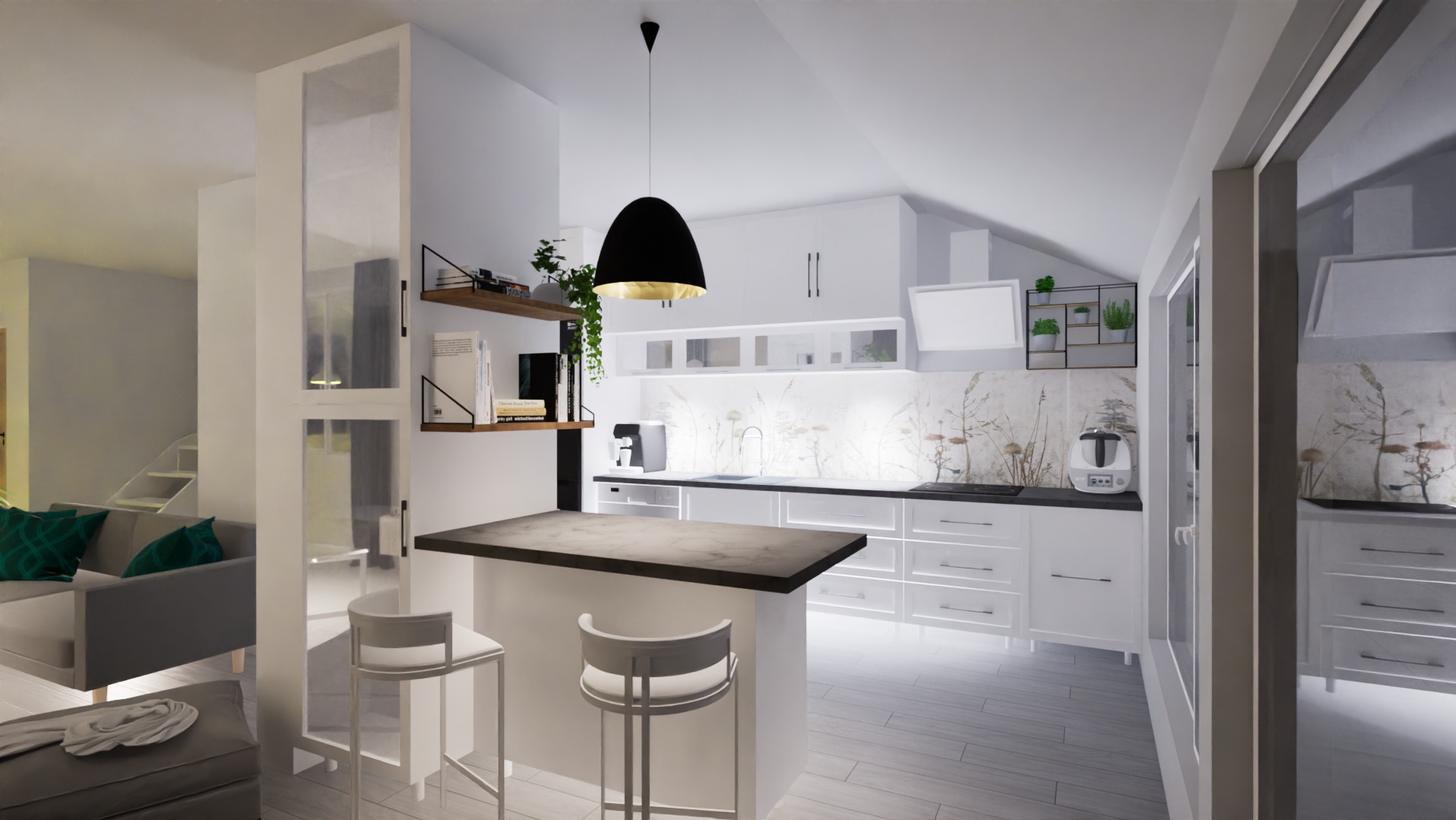 Wizualizacja nowoczesnej kuchni z wyspą i hokerami, białe szafki, marmurowy backsplash z motywem roślinnym, czarna lampa wisząca z elementami złota, widok na salon z szarą sofą i zielonymi poduszkami.