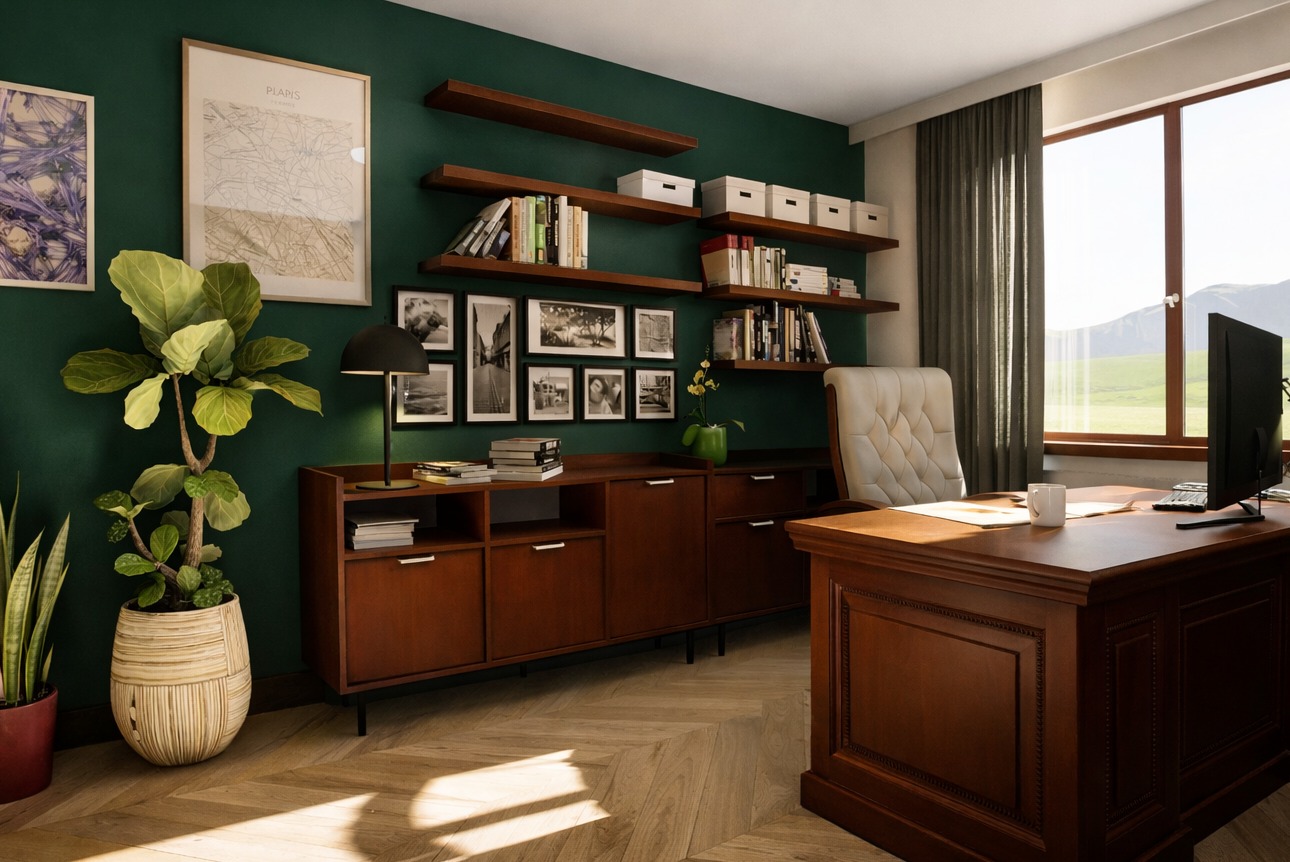Biuro w stylu retro z zielonymi ścianami, drewnianymi meblami i parkietem w jodełkę. Na ścianach półki z książkami i czarno-białe zdjęcia. Duże okno z widokiem na góry.