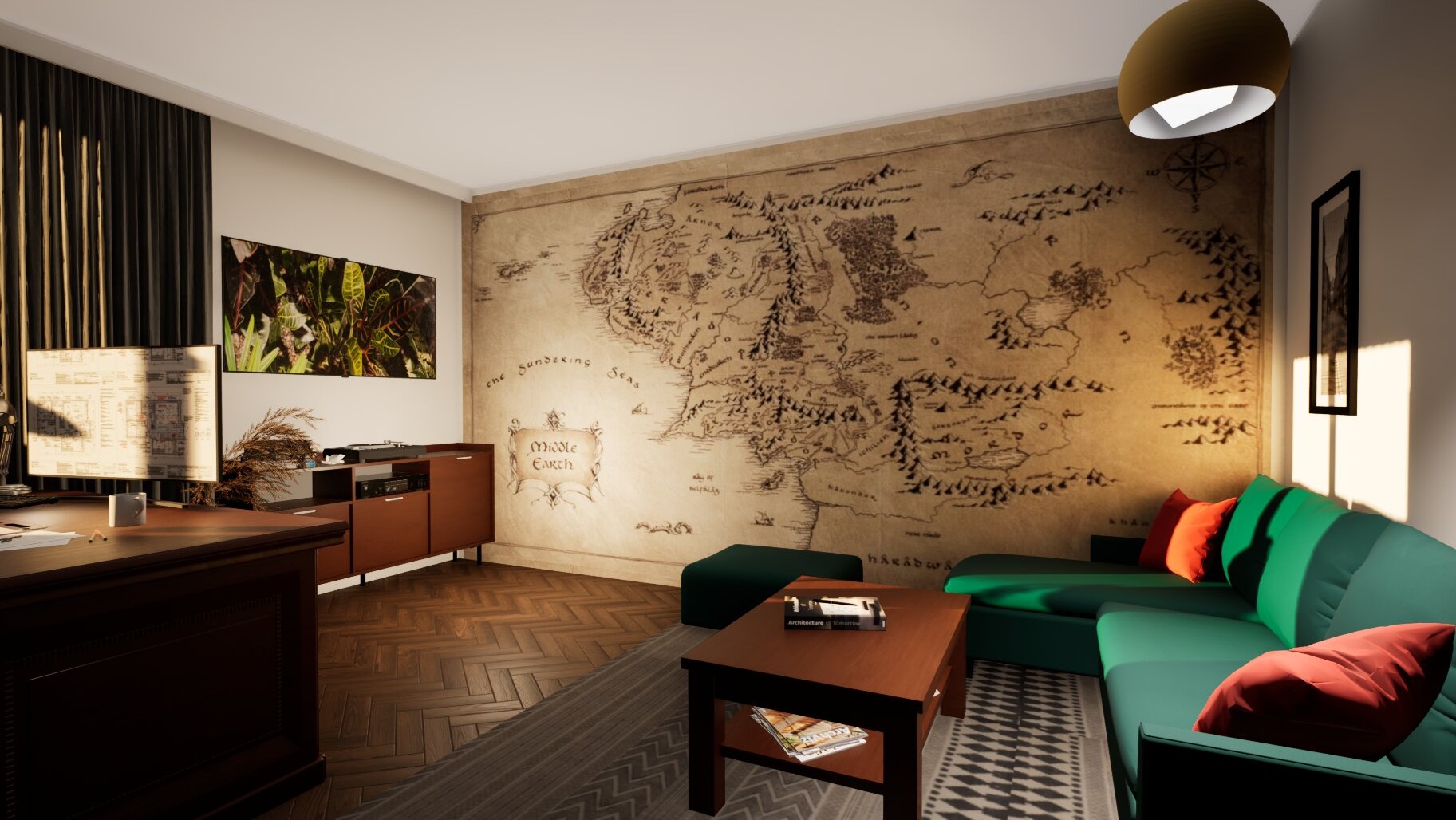 Wnętrze pokoju z mapą Śródziemia na ścianie, zieloną sofą i drewnianym biurkiem. Na biurku monitor z planami. Parkiet w jodełkę i dywan w geometryczny wzór.