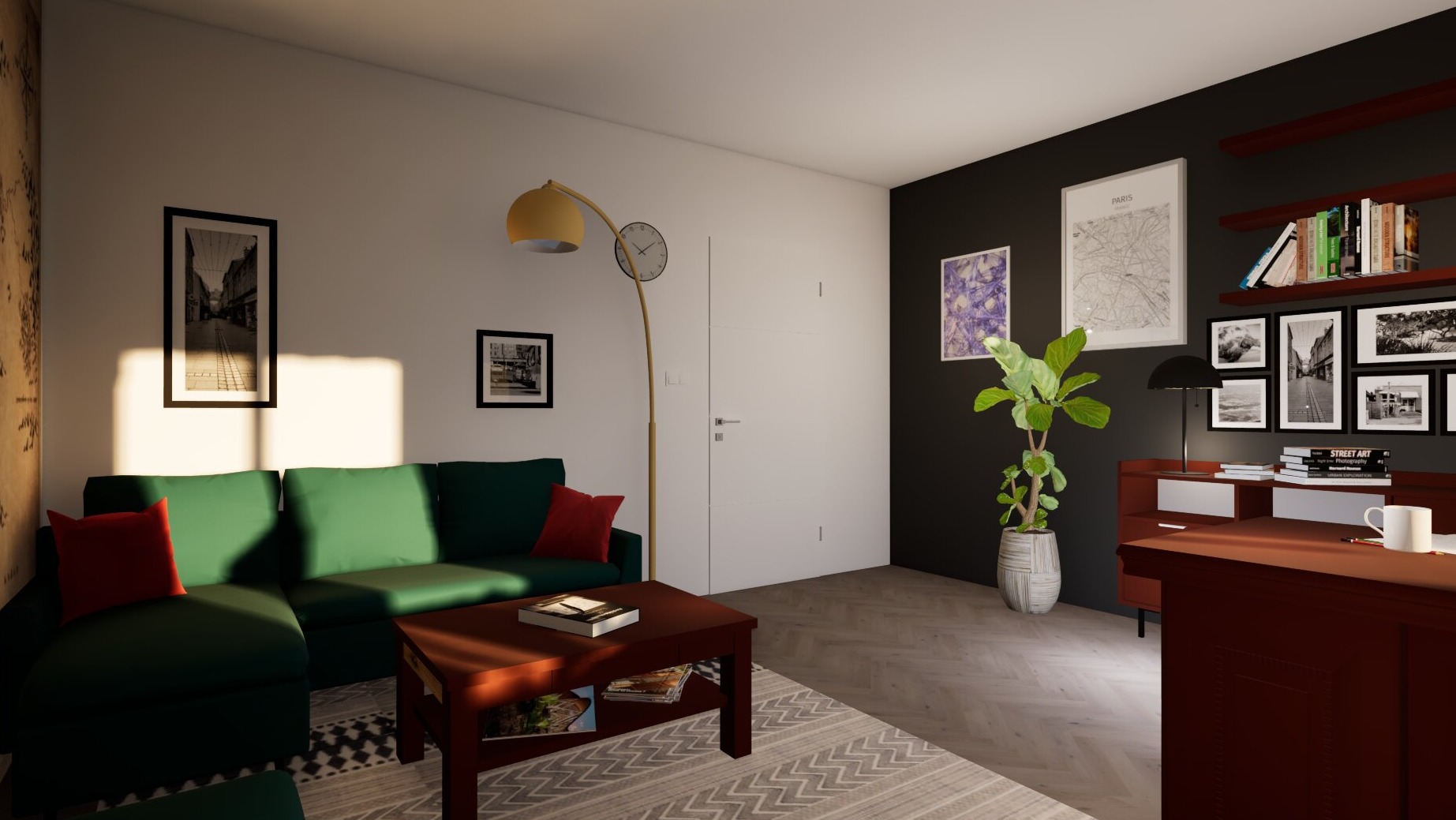 Wizualizacja salonu z zieloną sofą narożną, drewnianym stolikiem kawowym i biurkiem. Na ścianach grafiki i półki z książkami. Ciepłe oświetlenie lampy podłogowej.