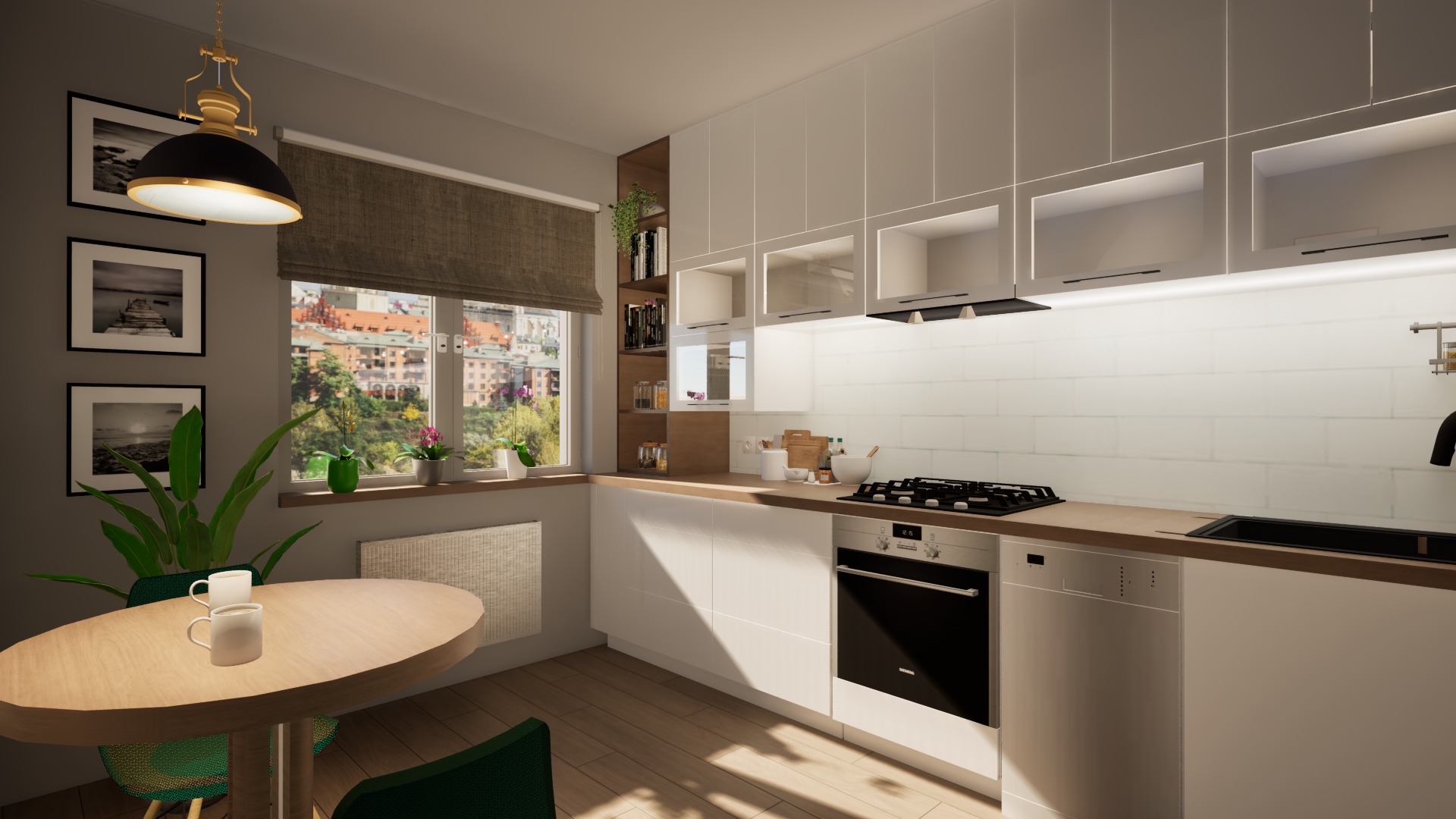 Jasna kuchnia z białymi szafkami, drewnianym blatem i stołem. Na ścianie grafiki, a za oknem widok na miasto. Nowoczesny design z elementami retro, lampa w stylu vintage.