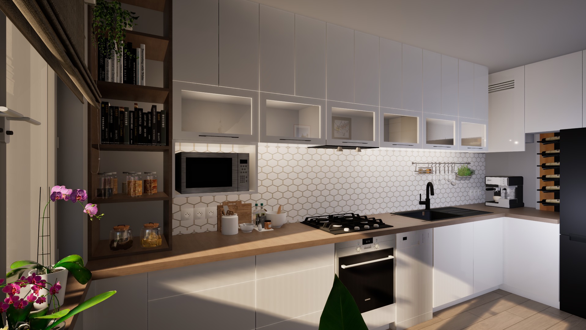 Nowoczesna kuchnia z białymi szafkami, drewnianym blatem i heksagonalnymi płytkami. Na półkach książki i słoiki, a na blacie akcesoria kuchenne i kwiaty.