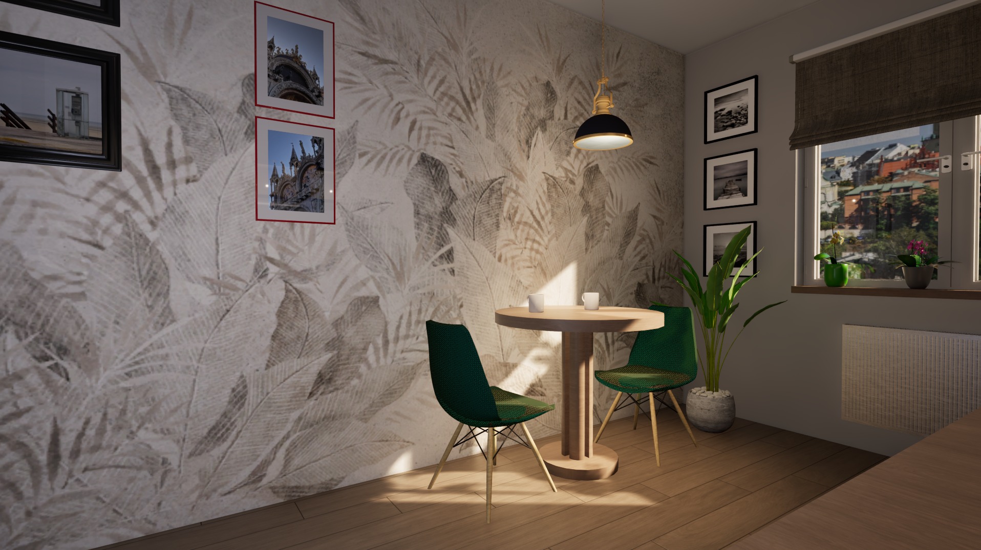 Jadalnia z okrągłym stołem i zielonymi krzesłami, ściana w liście, zdjęcia w ramkach, lampa wisząca, widok z okna na miasto. Przytulne wnętrze.