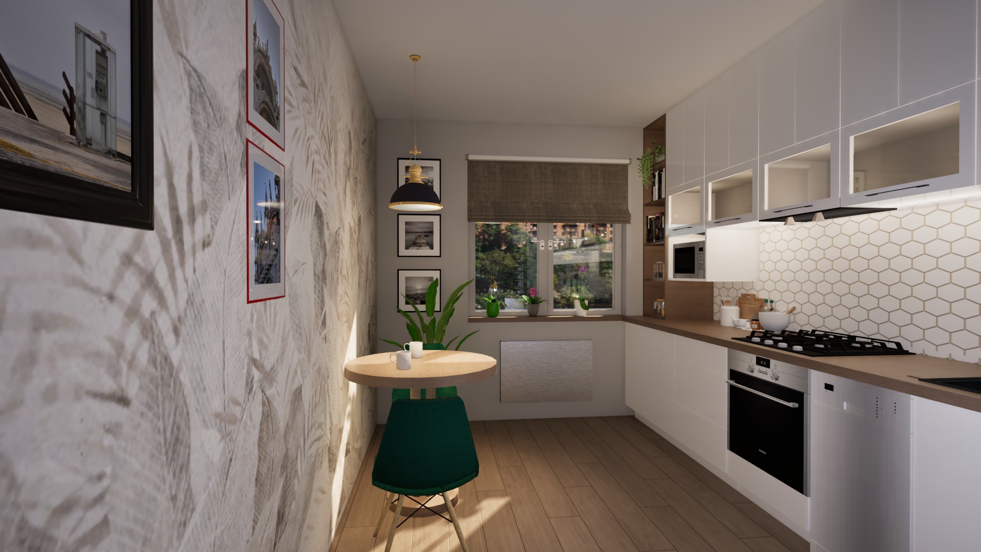 Jasna kuchnia z białymi szafkami, drewnianym blatem i okapem. Na ścianie dekoracyjna tapeta w liście i okrągły stół z zielonym krzesłem. Widok na okno z roślinami.