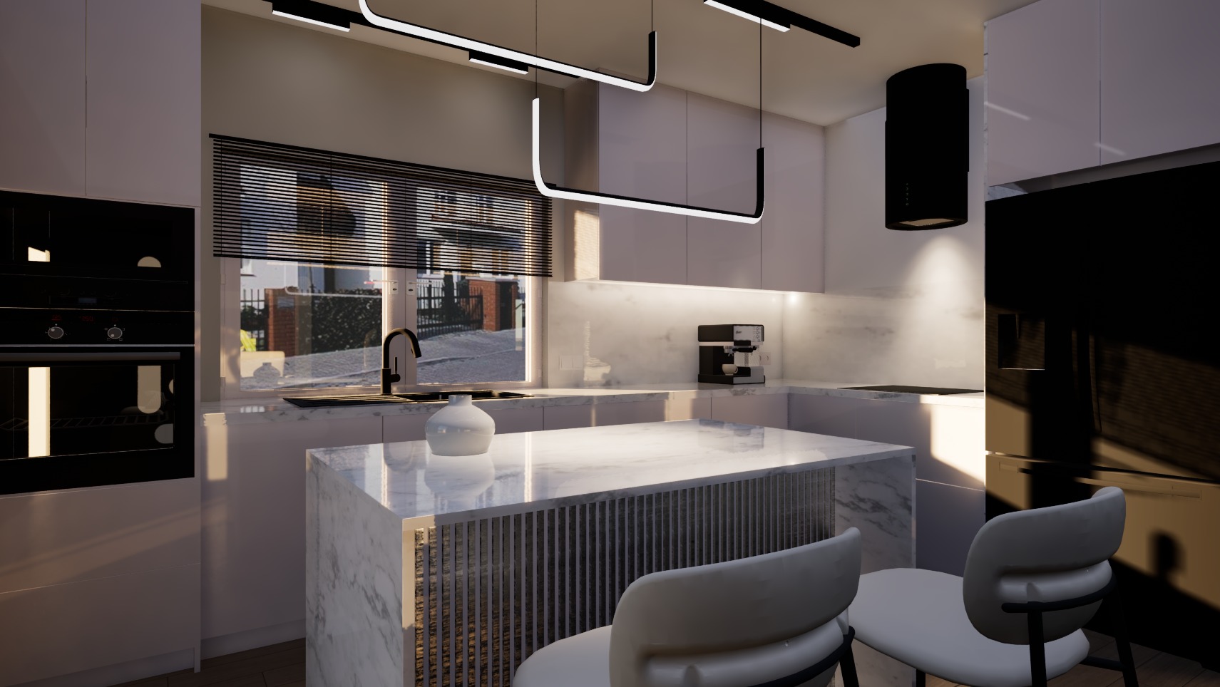 Nowoczesna kuchnia z marmurową wyspą, minimalistycznym oświetleniem i czarnymi akcentami. Widok na zewnątrz przez okno z żaluzjami.