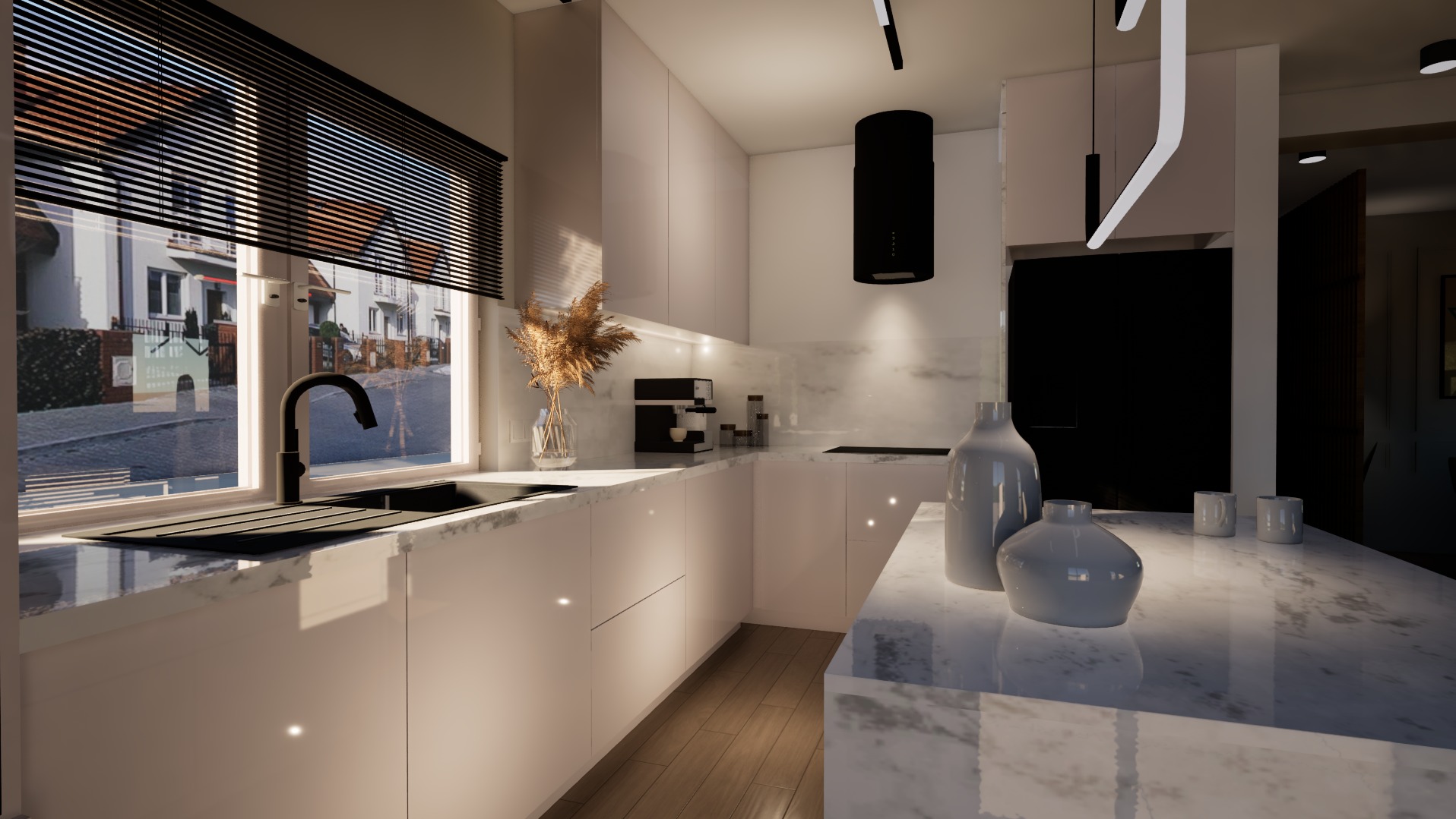 Nowoczesna kuchnia z białymi, błyszczącymi frontami, marmurowym blatem i czarną armaturą. Widok na ulicę przez okno z żaluzjami. Minimalistyczny design z akcentami dekoracyjnymi.