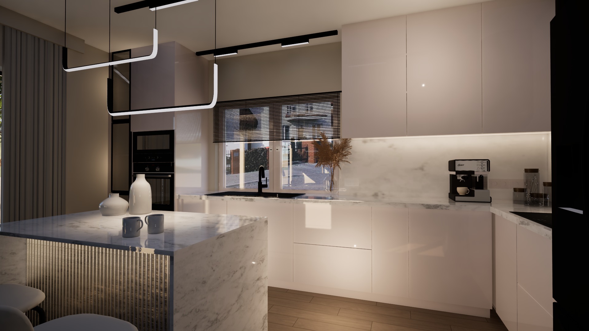 Nowoczesna, jasna kuchnia z marmurowym blatem i wyspą. Minimalistyczne szafki bez uchwytów, designerskie oświetlenie i ekspres do kawy na blacie. Widok na zewnątrz przez okno.