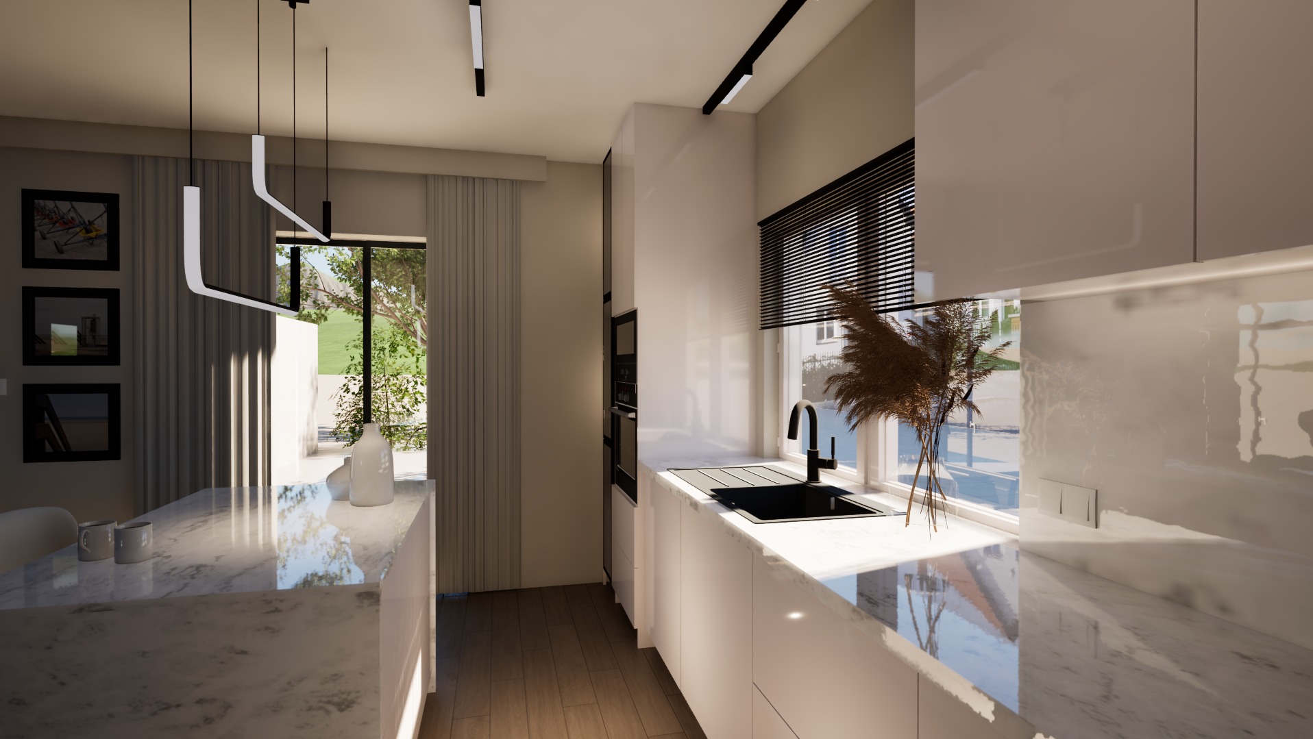 Nowoczesna kuchnia z marmurowym blatem, czarnym zlewem i minimalistycznym oświetleniem. Widok na zewnątrz przez okno z żaluzjami i dekoracyjną trawą w wazonie.