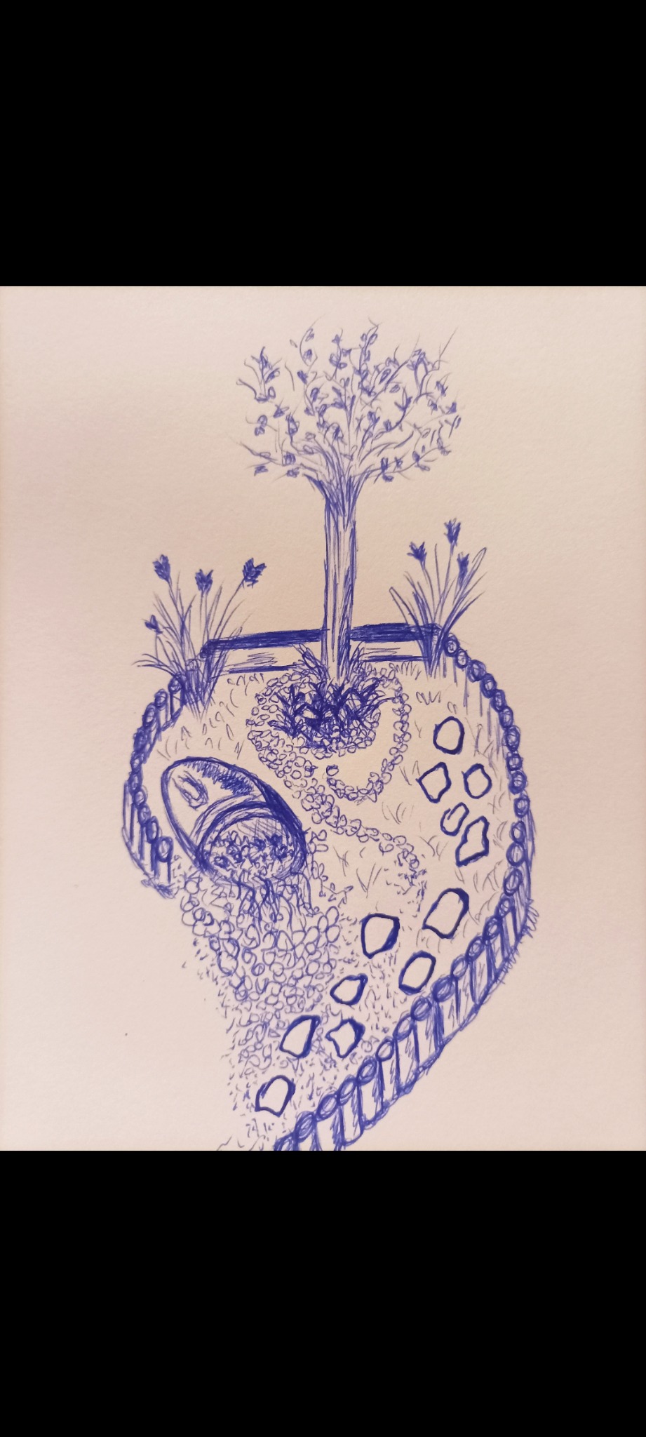 Niebieski szkic koncepcyjny ogrodu z drzewem centralnym, ścieżką z kamieni i niskim płotkiem obrzeżnym, narysowany na białym tle.