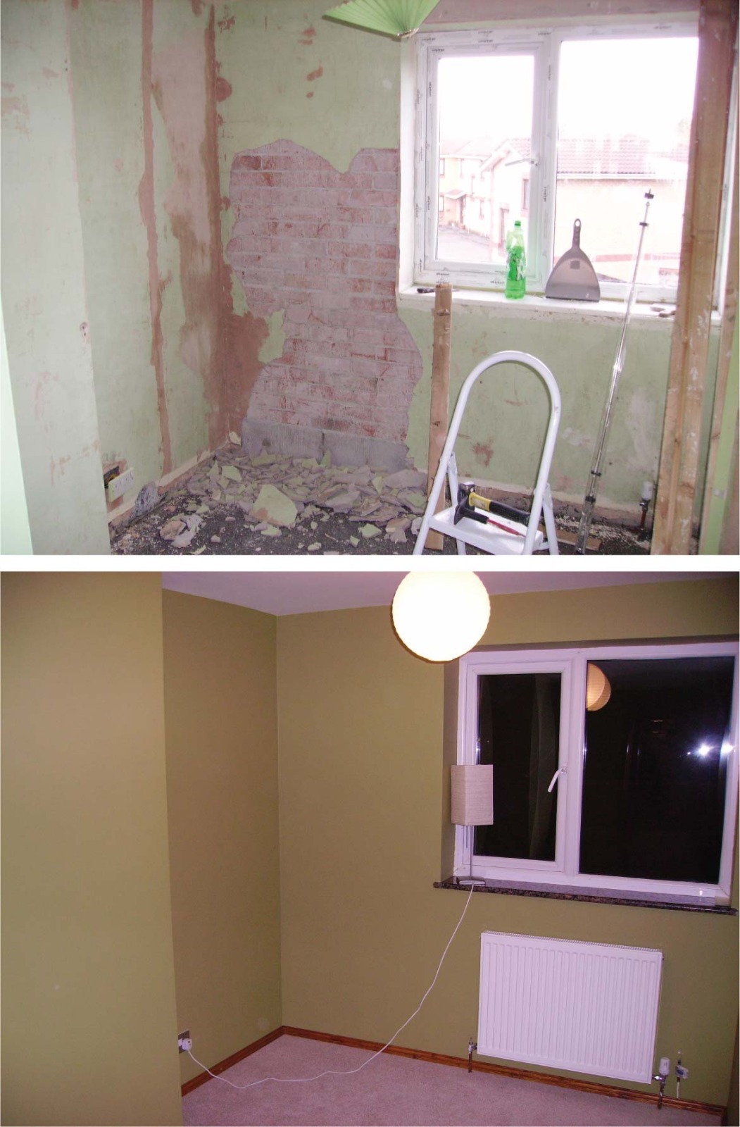 Zdjęcie przedstawia pokój przed i po remoncie. Górna część ukazuje fragment ściany z odsłoniętą cegłą, resztki gruzu na podłodze, drabina oparta o okno. Dolna część pokazuje ten sam pokój po...