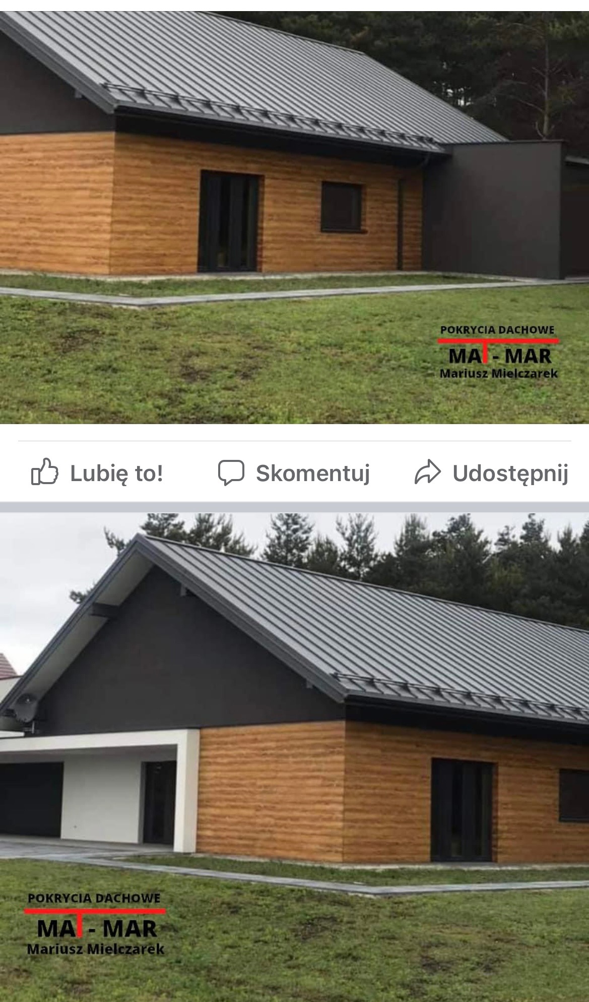 Dom jednorodzinny z szarą blachą na dachu i elewacją z paneli drewnopodobnych, widoczny z poziomu trawnika. Na zdjęciu widoczne logo firmy dekarskiej.