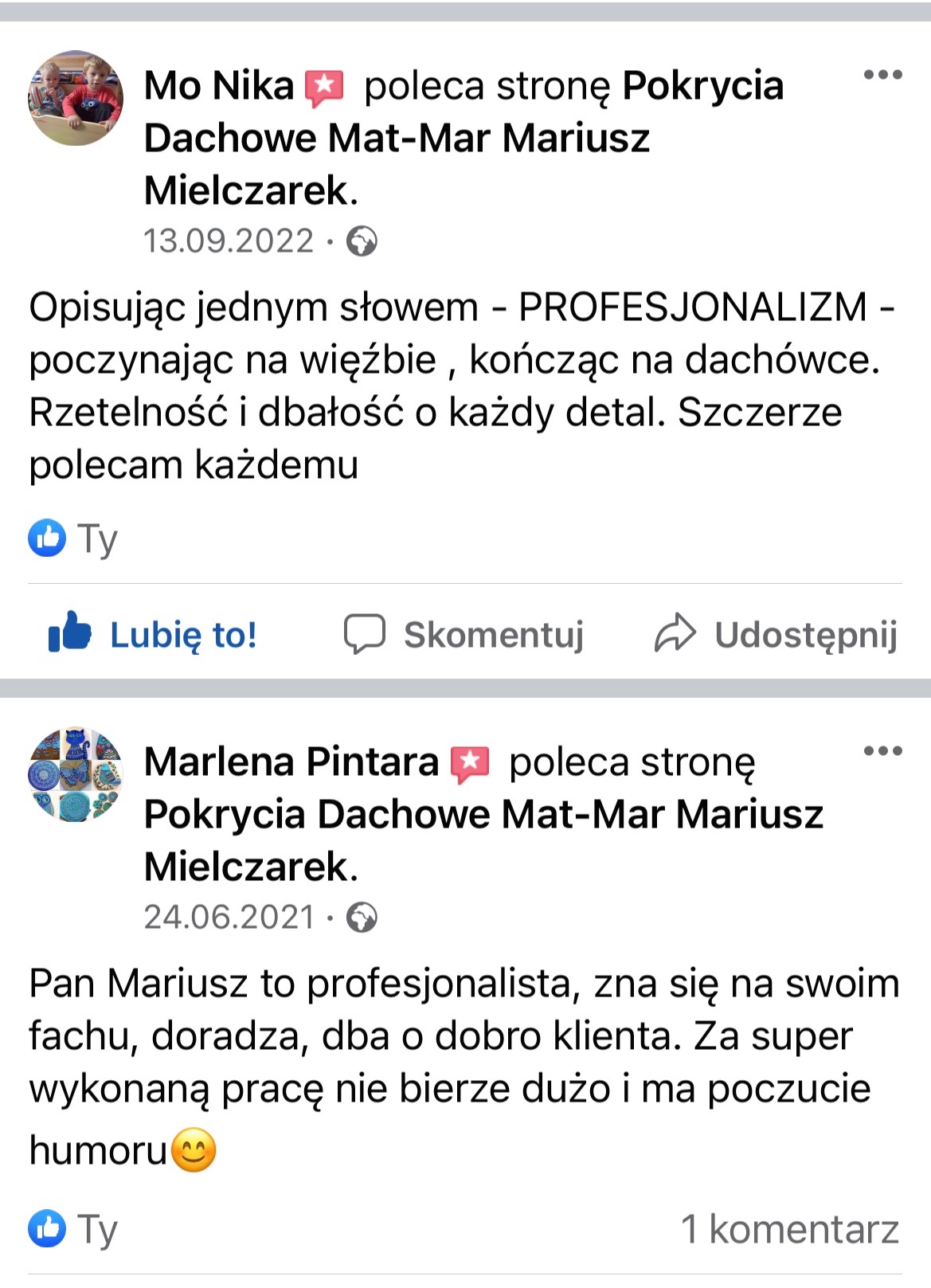 Zrzut ekranu z rekomendacjami firmy dekarskiej Pokrycia Dachowe Mat-Mar Mariusz Mielczarek z Facebooka, podkreślający profesjonalizm i dbałość o detale.