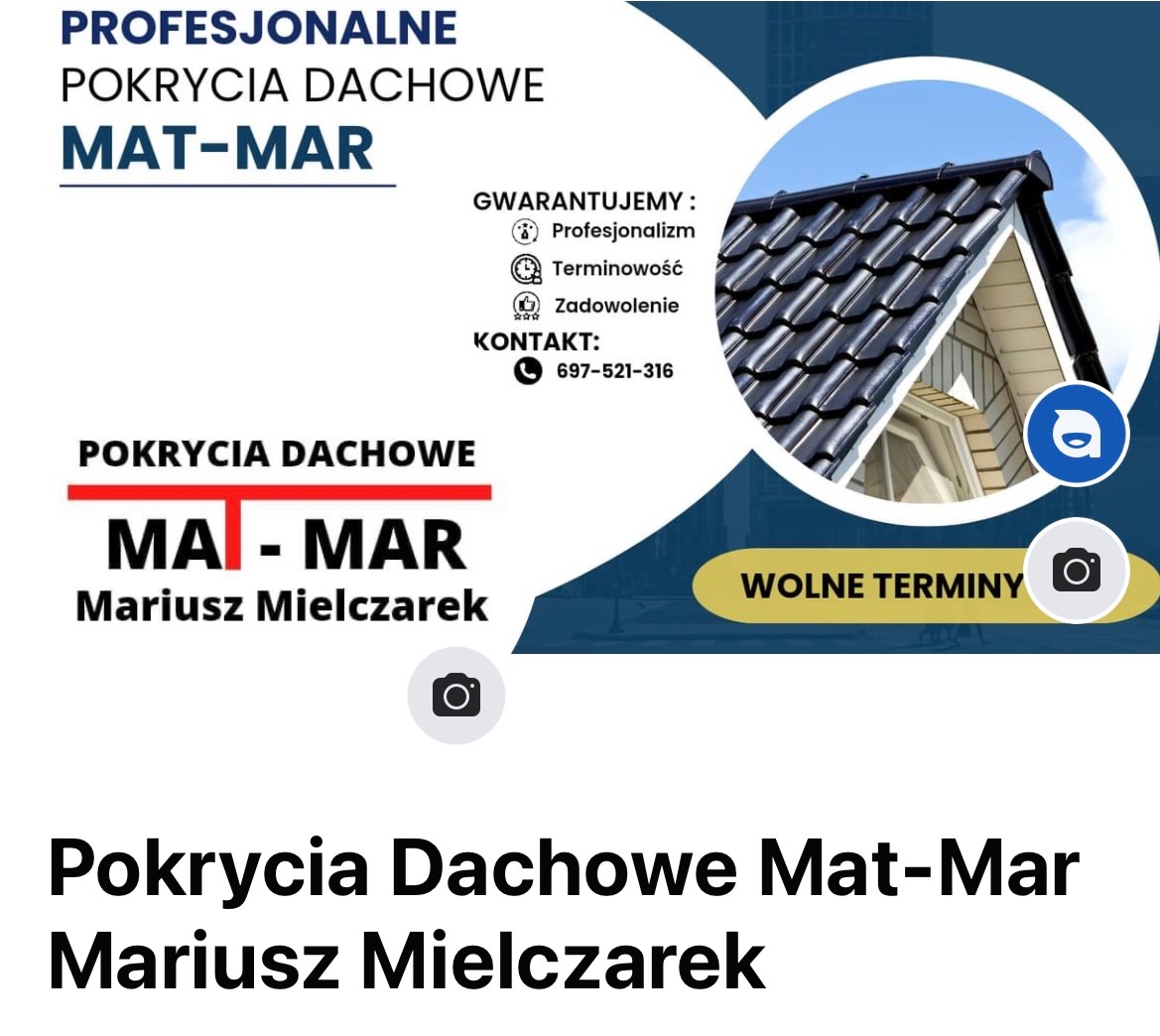 Reklama firmy dekarskiej Mat-Mar: profesjonalne pokrycia dachowe, gwarancja terminowości i zadowolenia, kontakt 697-521-316, zdjęcie fragmentu dachu pokrytego czarną dachówką.