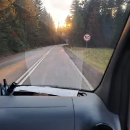 Widok z wnętrza pojazdu na krętą drogę otoczoną lasem, z widocznym znakiem ograniczenia prędkości do 50 km/h i wschodzącym słońcem w oddali.