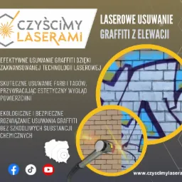 Grafika reklamowa prezentująca laserowe usuwanie graffiti z elewacji, z zbliżeniem na proces czyszczenia ceglanej ściany. Widoczne logo firmy 'Czyścimy Laserami' oraz informacje o skuteczności...