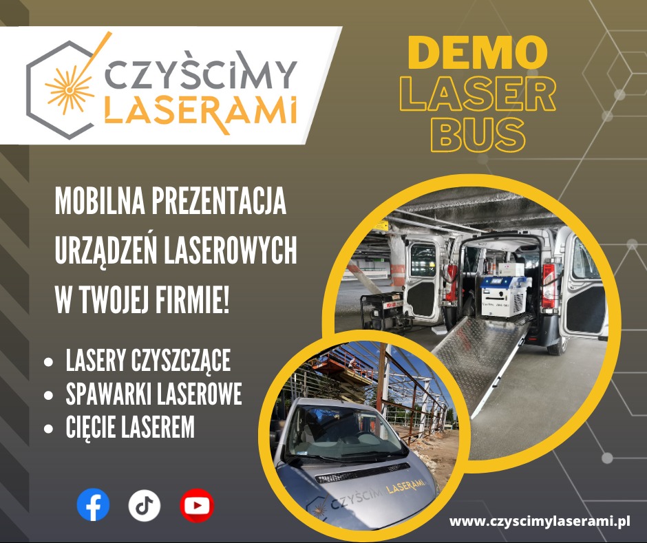 Grafika reklamowa prezentująca mobilny zestaw do czyszczenia laserowego, z widocznym busem z rampą, urządzeniem laserowym wewnątrz i logo firmy 'Czyścimy Laserami'.