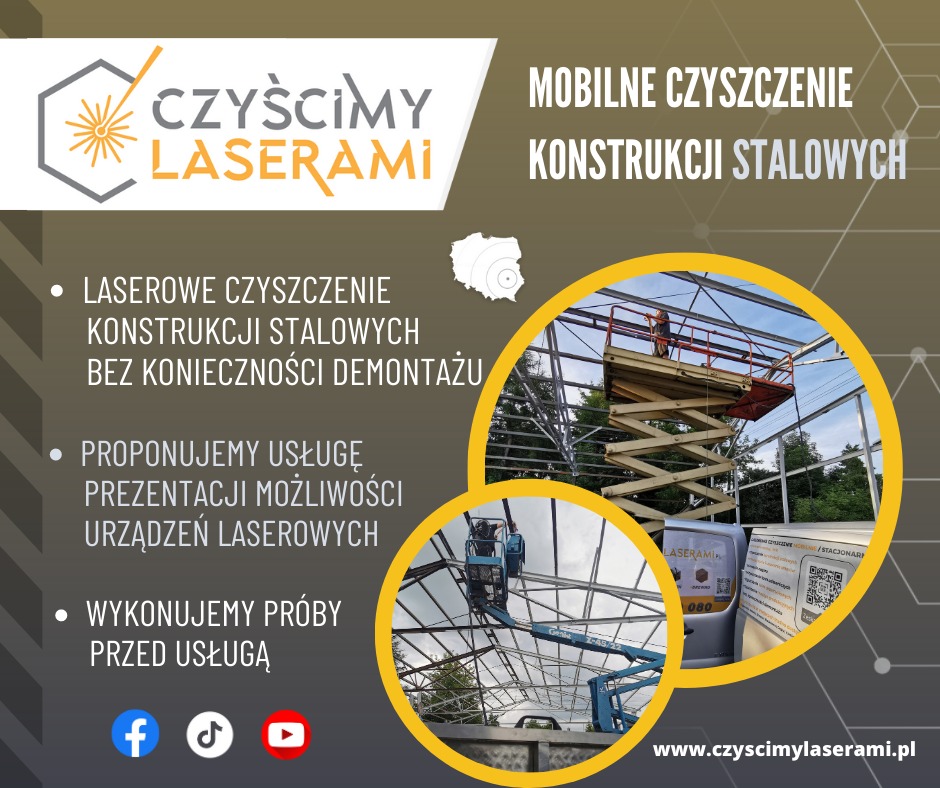 Grafika reklamowa prezentująca mobilne laserowe czyszczenie konstrukcji stalowych. Na górnym zdjęciu pracownik na podnośniku nożycowym czyści konstrukcję dachu. Na dolnym zdjęciu pracownik...