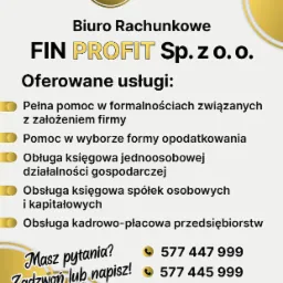Grafika reklamowa biura rachunkowego FIN PROFIT Sp. z o.o., prezentująca zakres oferowanych usług, numery telefonów i adres e-mail.