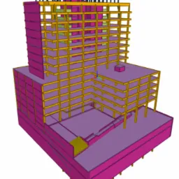 Wizualizacja 3D szkieletu konstrukcji stalowej budynku wielopiętrowego z zaznaczonymi elementami nośnymi i stropami w kolorze fioletowym i żółtym.