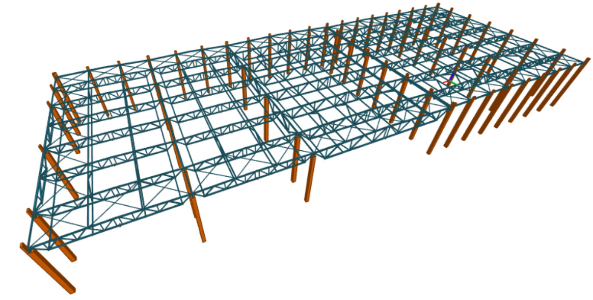 Wizualizacja 3D konstrukcji stalowej hali z brązowymi słupami i niebieską kratownicą dachu, widok z góry, prezentacja projektu.