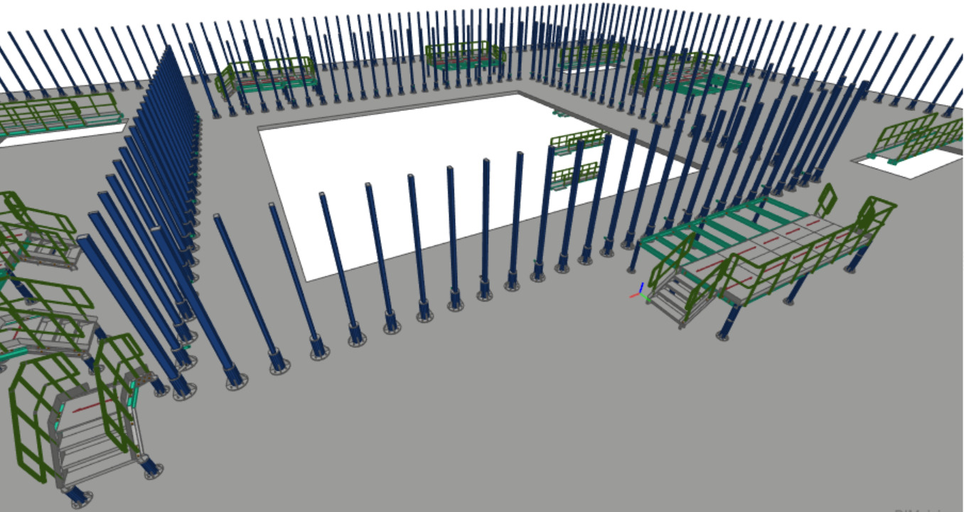 Wizualizacja 3D hali stalowej z licznymi słupami nośnymi i konstrukcjami schodów oraz pomostów, widok z góry.