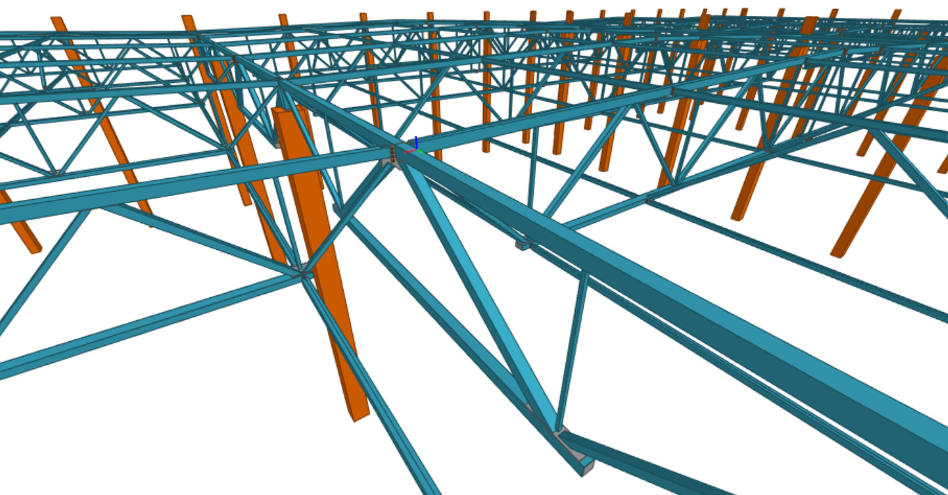 Wizualizacja 3D projektu hali stalowej z elementami konstrukcyjnymi w kolorze turkusowym i pomarańczowym, widok z dołu ukazujący skomplikowaną siatkę belek i słupów.