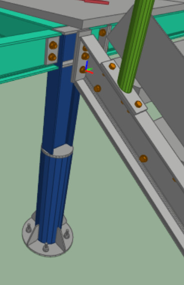 Wizualizacja 3D fragmentu konstrukcji stalowej hali, z widoczną kolumną w kolorze niebieskim, połączoną śrubami z elementami konstrukcyjnymi w odcieniach szarości i zieleni.