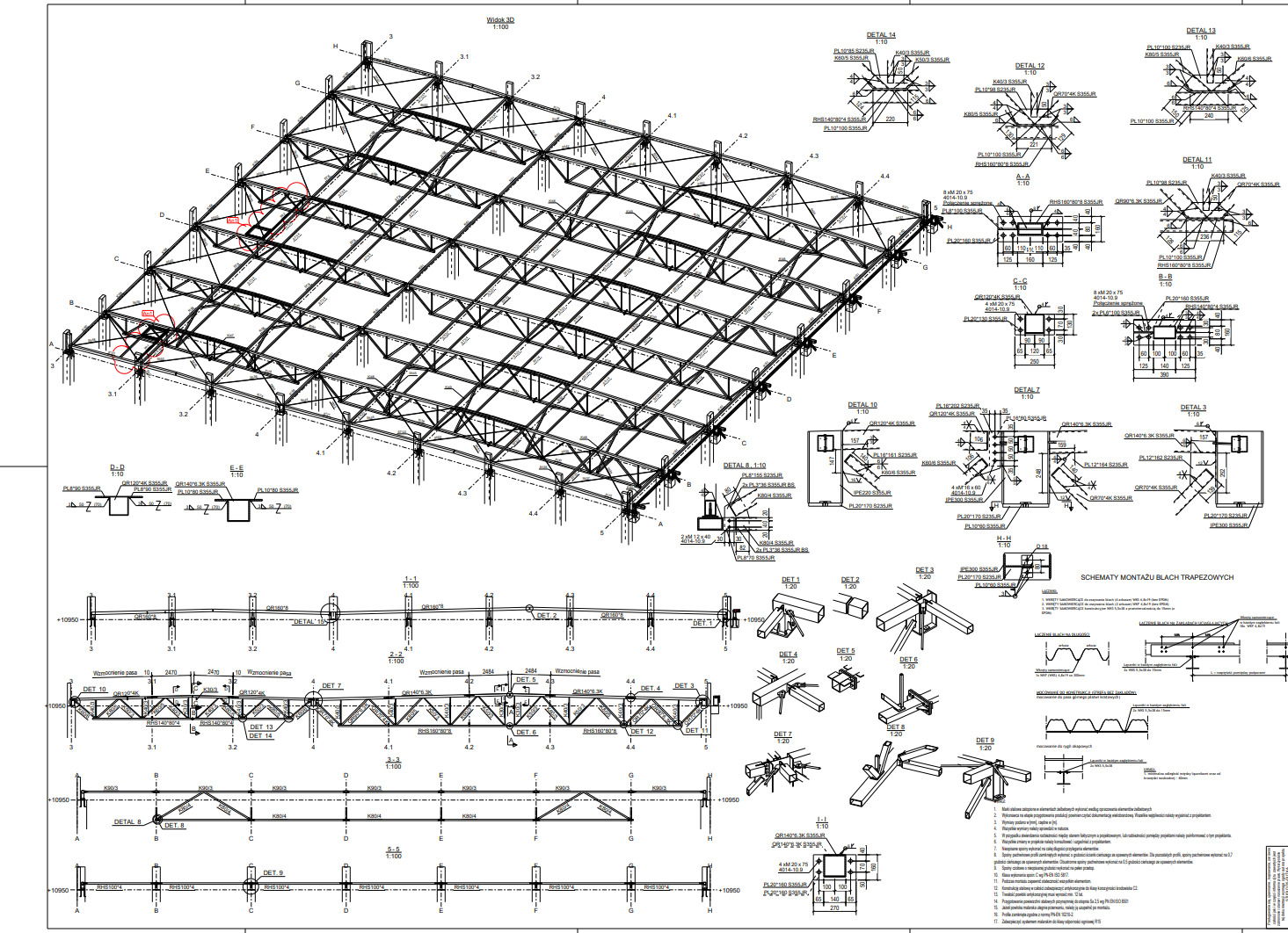 Techniczny rysunek 3D stalowej konstrukcji hali z detalami połączeń i schematami montażu blach trapezowych.