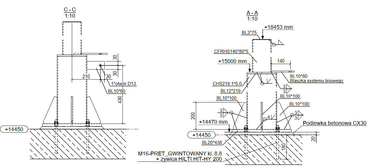 Rzut techniczny detalu konstrukcji stalowej hali z wymiarami i oznaczeniami elementów, w tym kotew w fundamencie betonowym i połączeń śrubowych.